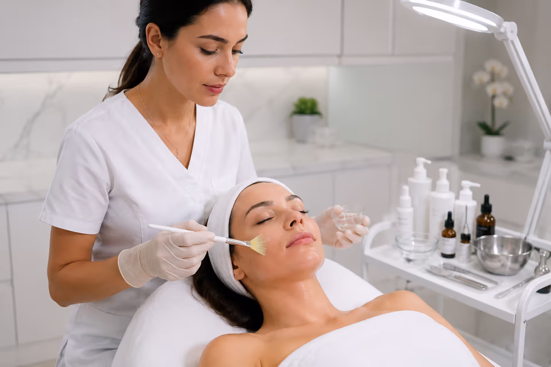 Dermatologist applying a chemical peel treatment to a patient’s face