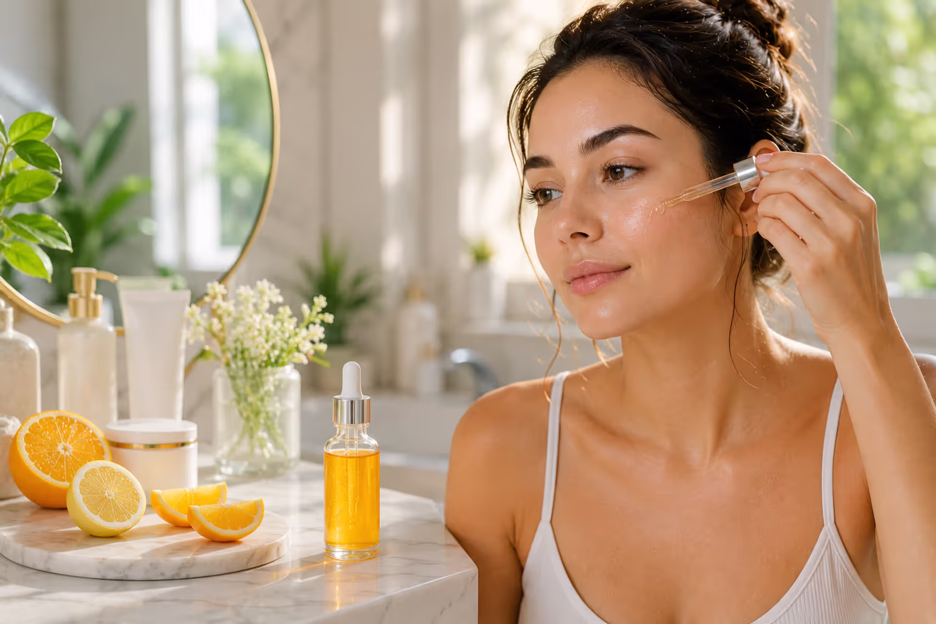Woman applying vitamin C serum beside bright skincare products and citrus fruit