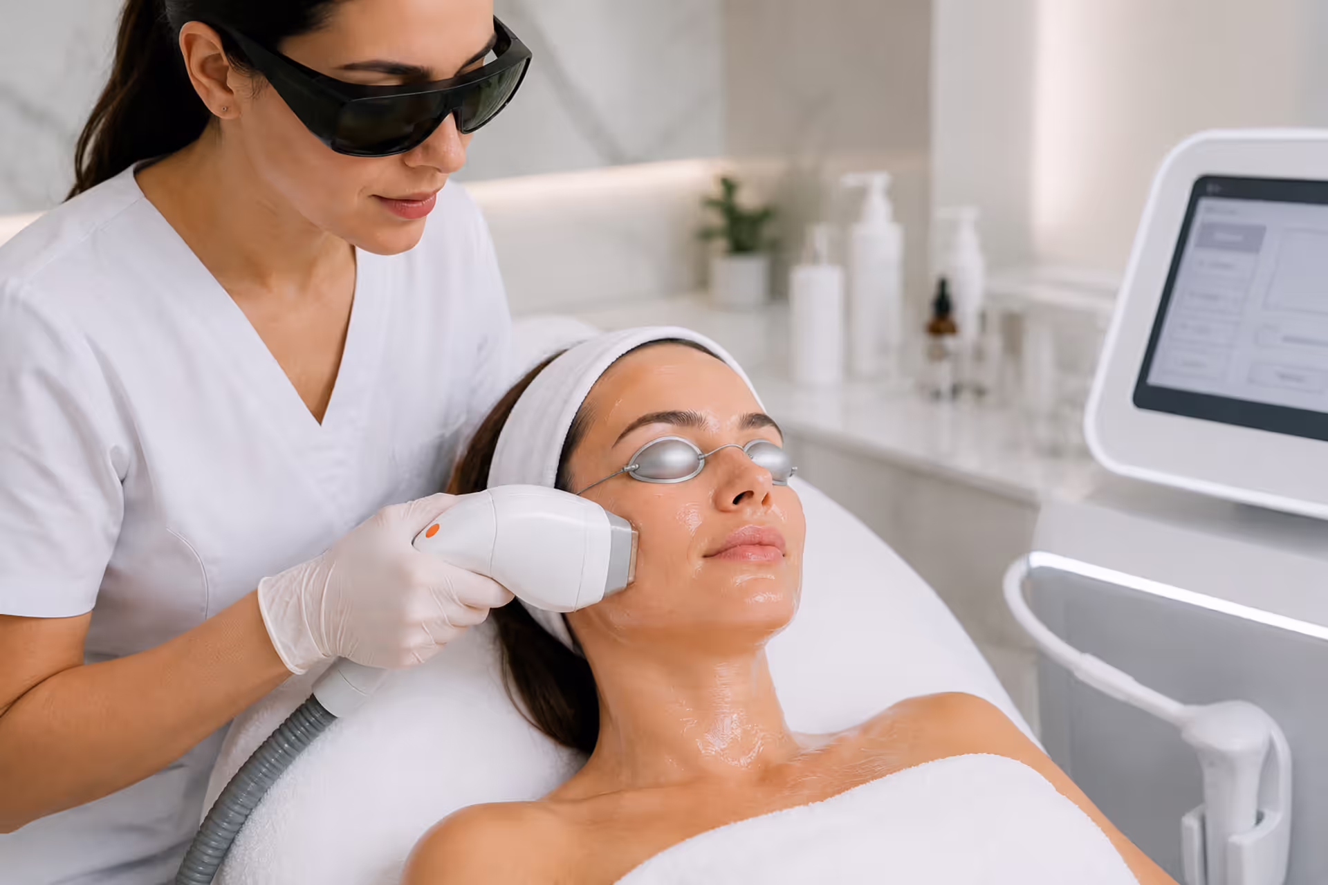 Dermatologist performing IPL photofacial treatment on a patient’s face