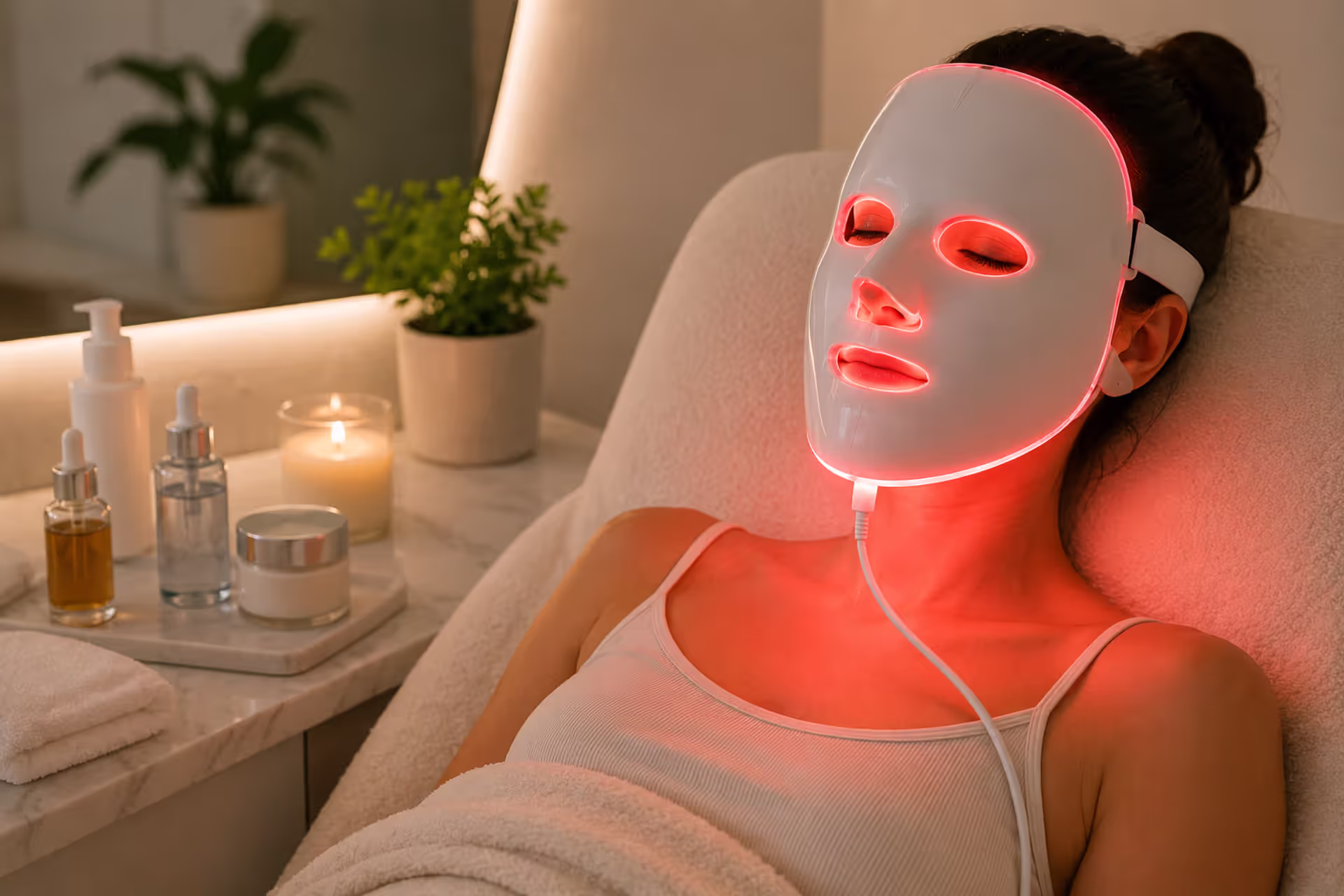 Woman using a red light therapy LED face mask during a skincare routine
