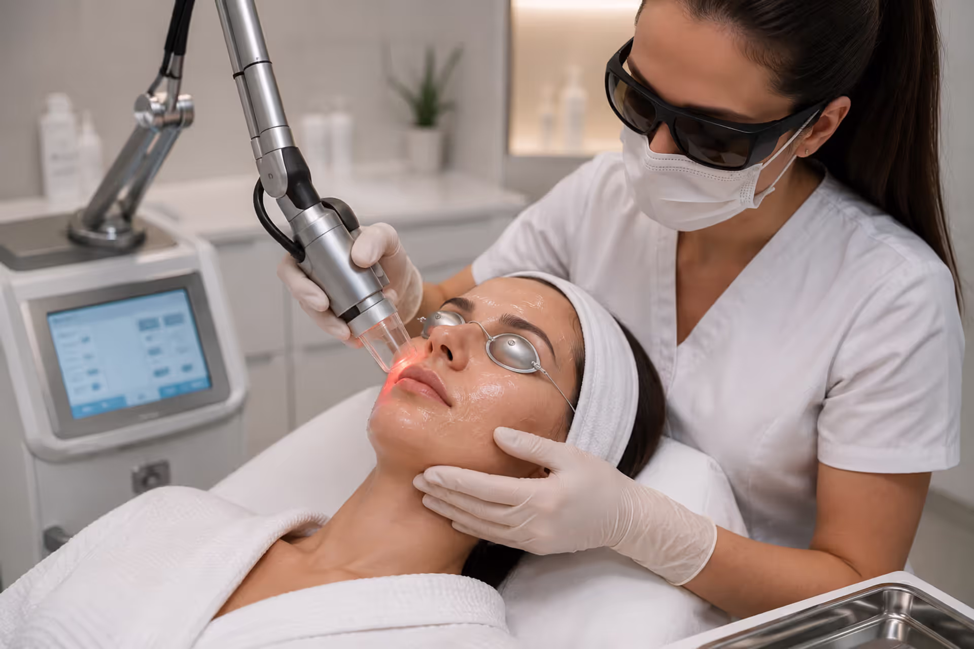 Dermatologist performing CO2 laser resurfacing treatment on a patient’s face 