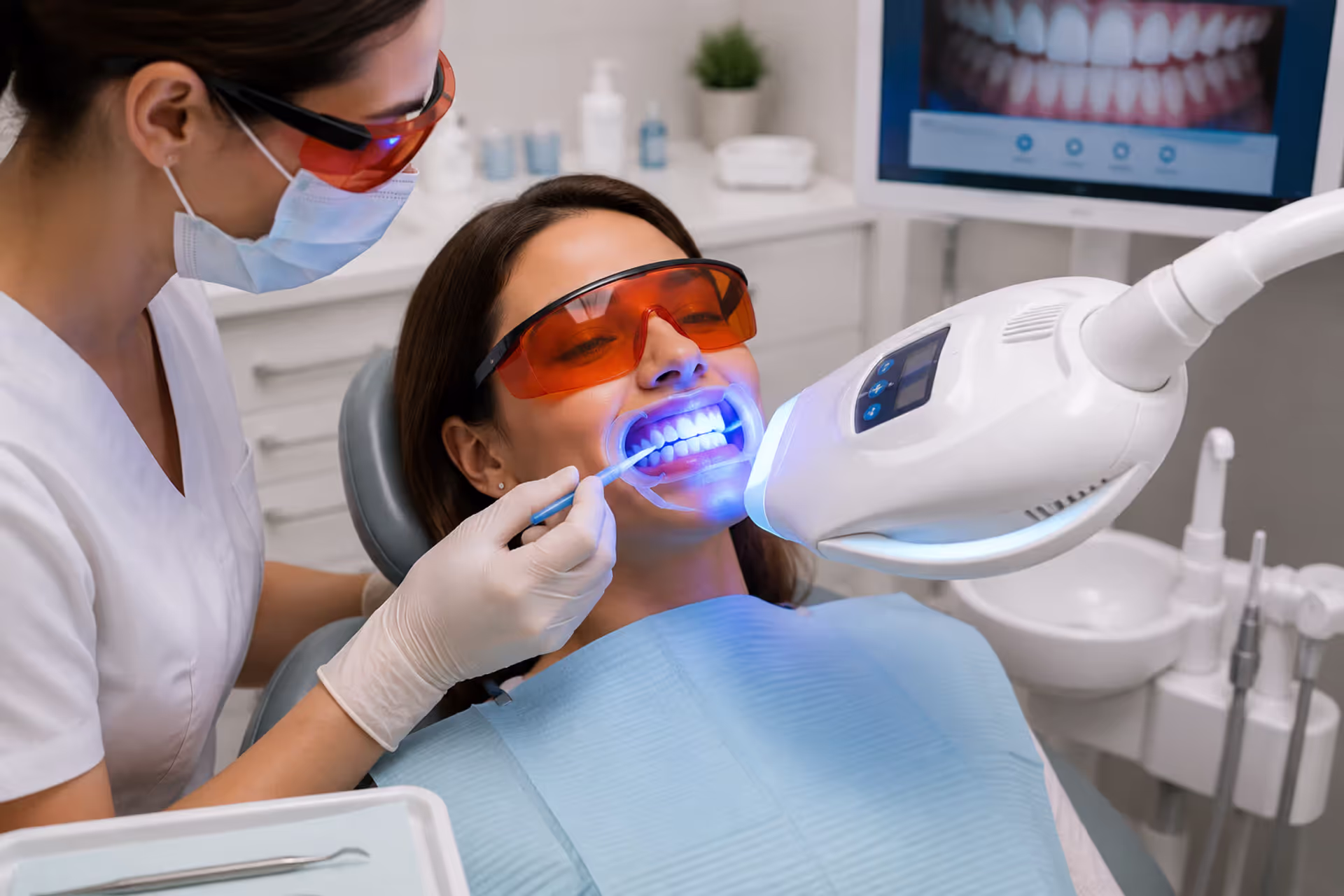 Patient receiving professional teeth whitening treatment in a dental clinic