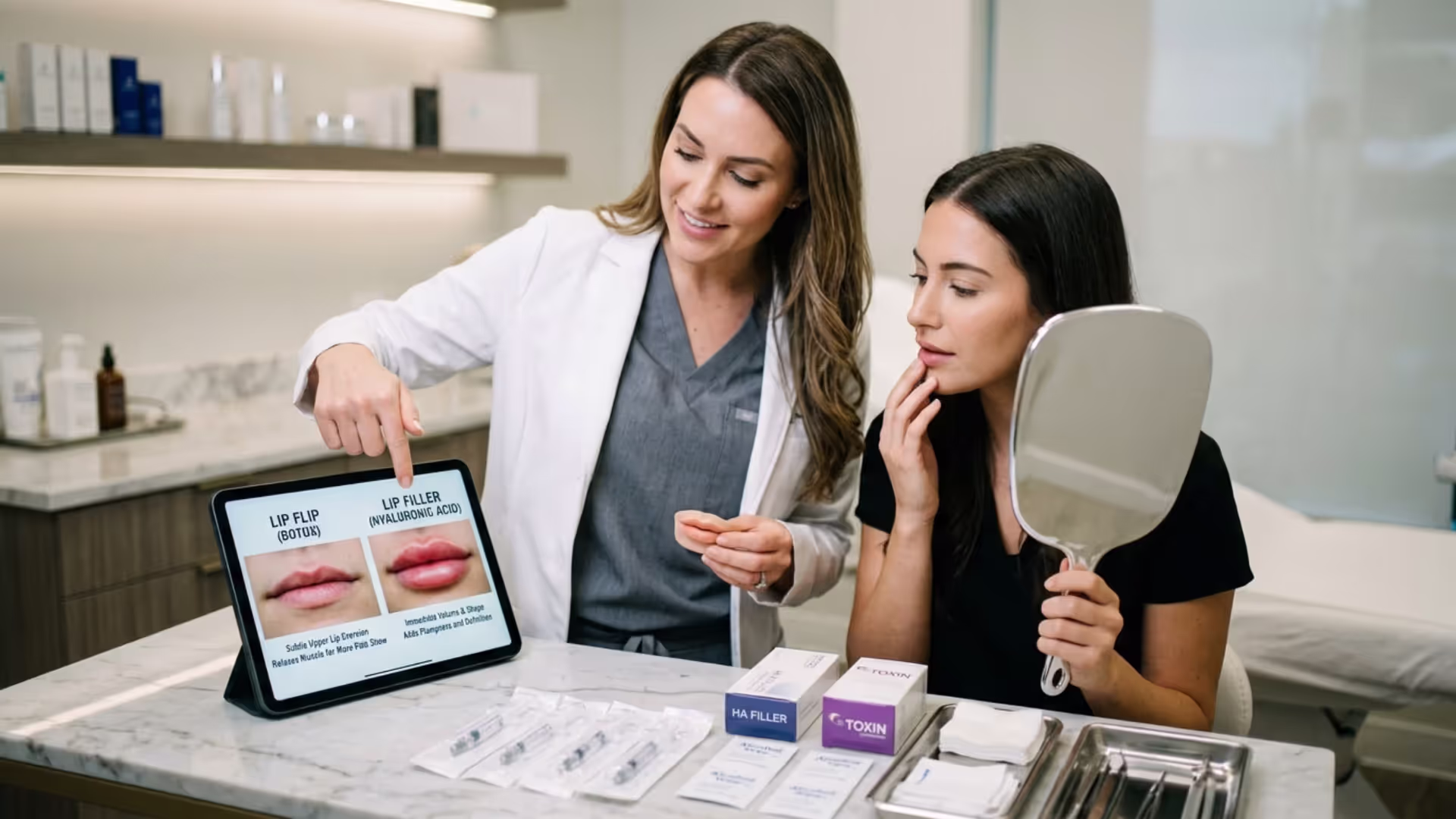 Cosmetic consultation comparing lip flip and lip filler treatments