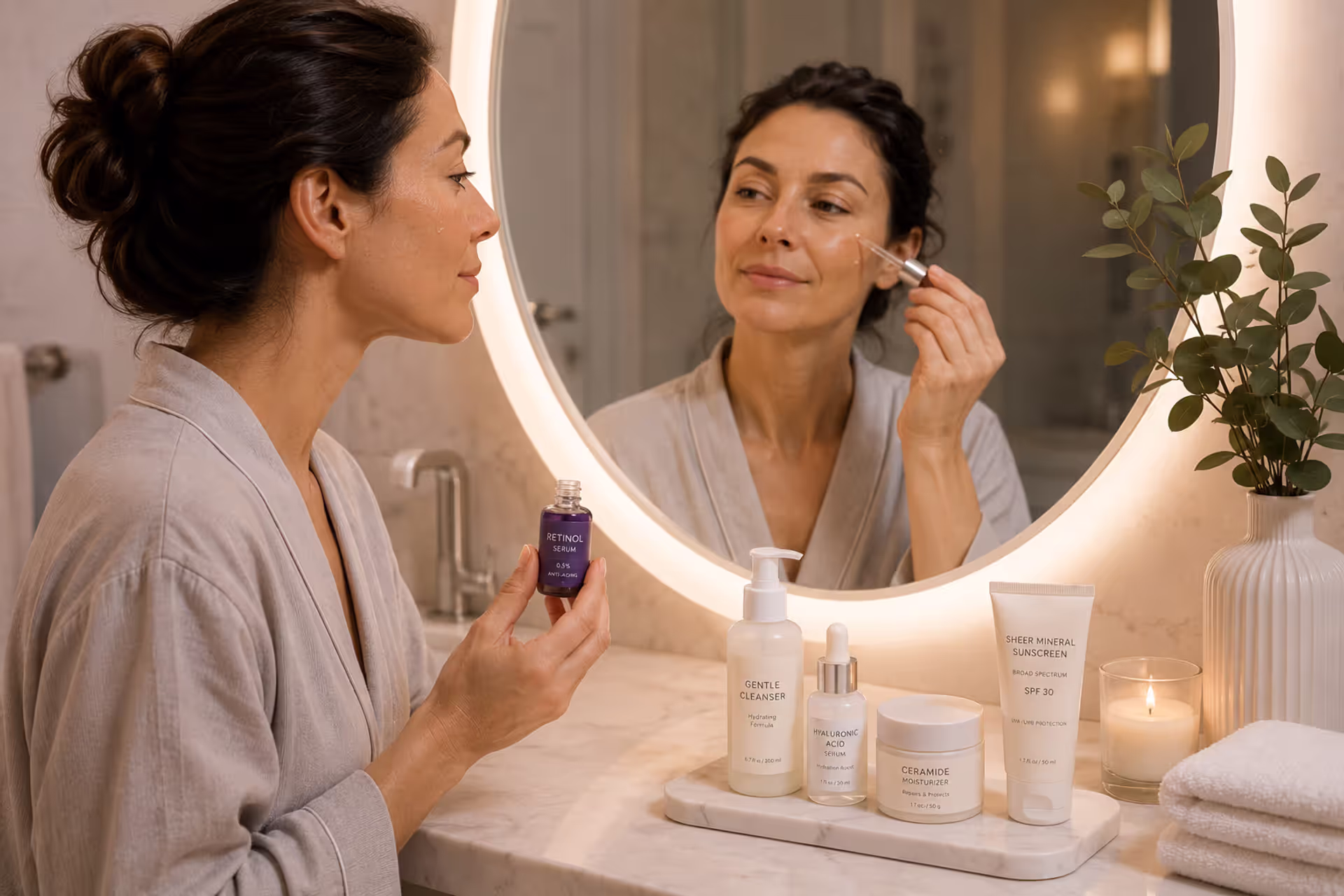 Woman applying retinol serum during an evening anti-aging skincare routine
