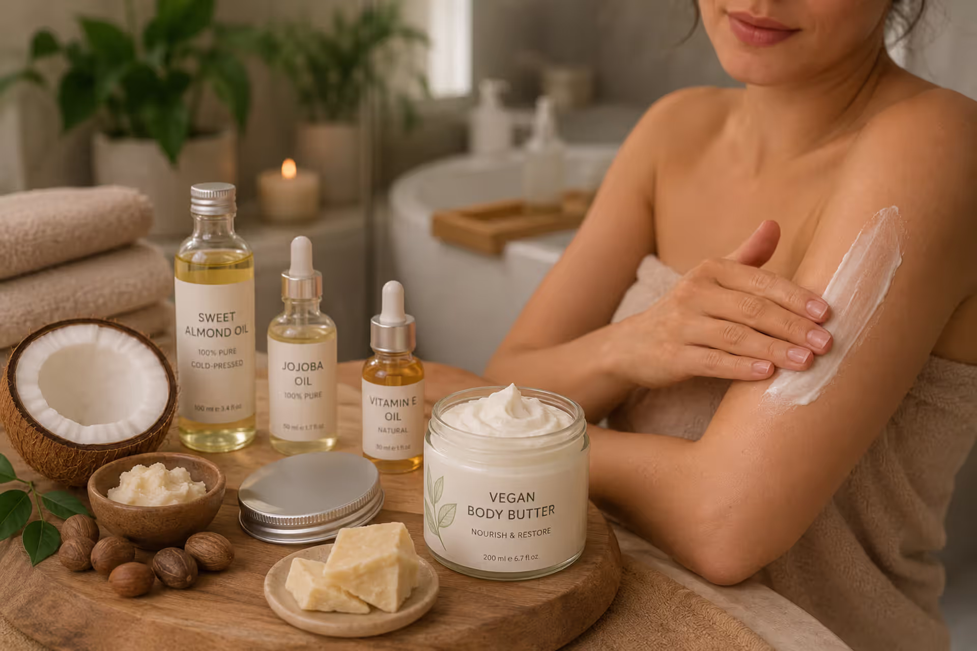 Woman applying vegan body butter made with plant-based ingredients to dry skin