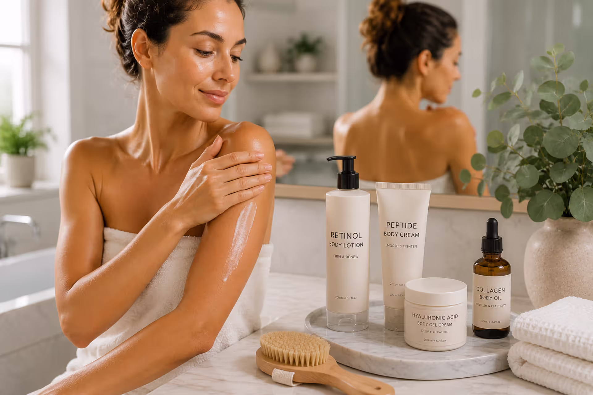 Woman applying anti-aging body lotion during a skincare routine in a bright bathroom